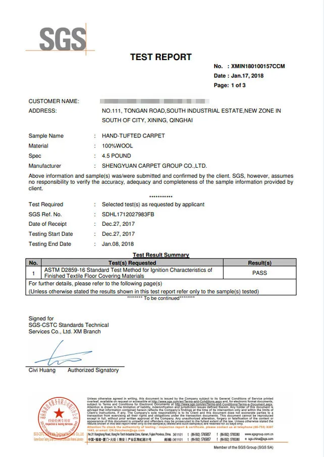 SGS Test Report ASTM D2859 Pass Certification for Hand-Tufted and Axminster Carpet Flammability