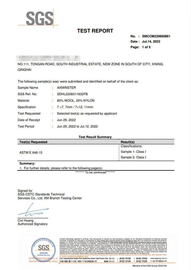 Axminster Carpet ASTM E648 Class 1 Fire Rating SGS Report