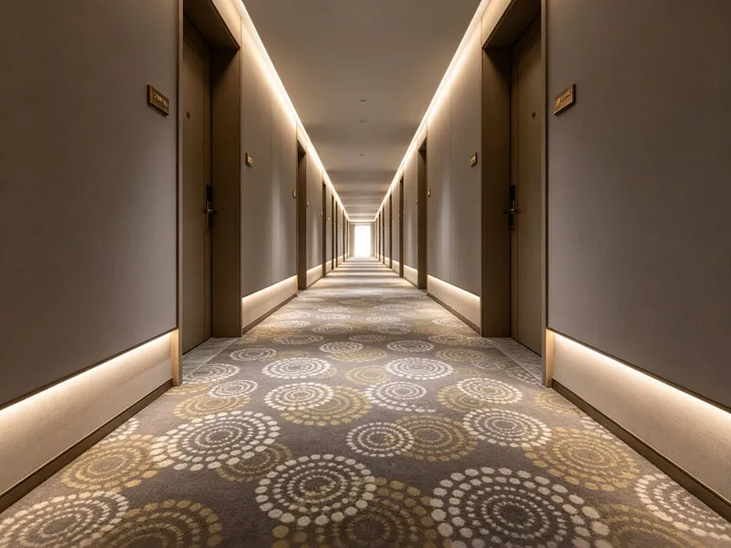 Circular printed carpet in luxury hotel guest room corridor