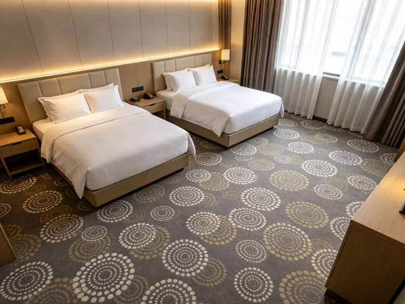 Cozy hotel guest room carpet with soft ambient lighting