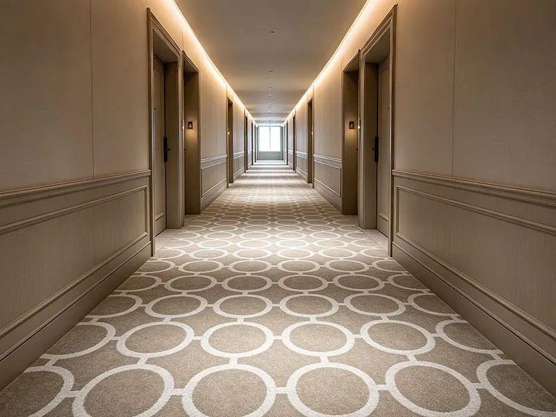Durable high-traffic hotel corridor runner carpet with modern geometric ring pattern