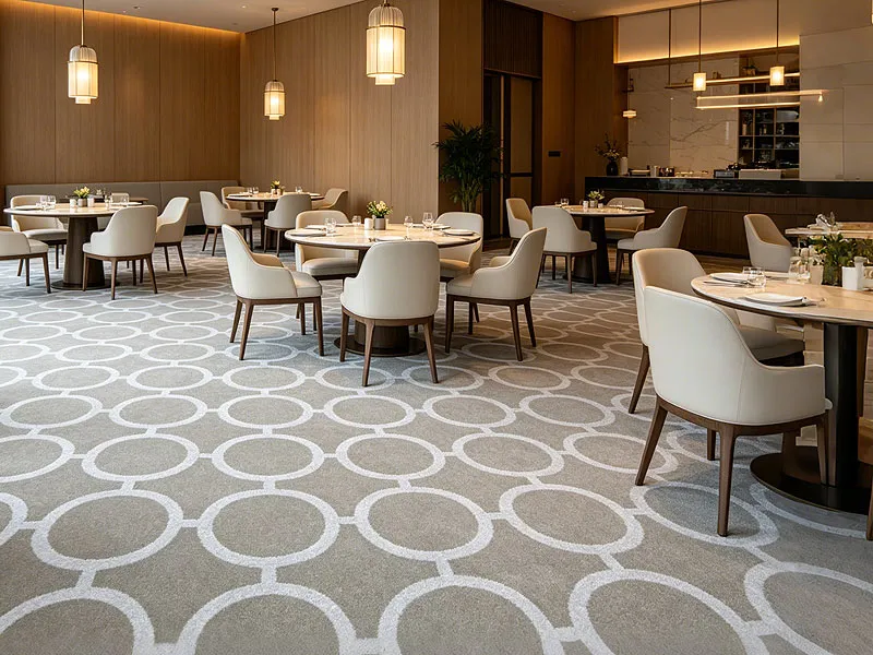 Modern beige geometric hospitality carpet paired with warm wooden decor in luxury hotel restaurant