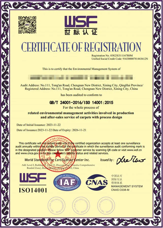 ISO 14001 Environmental Management System Certificate for Shengyuan Carpet