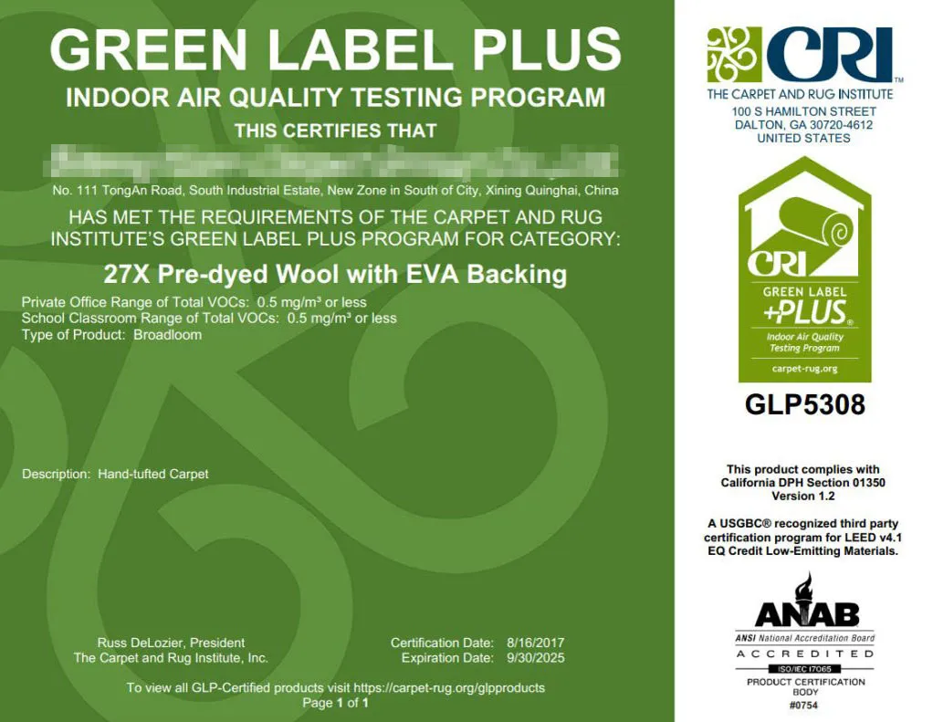 CRI Green Label Plus GLP5308 Certification for Hand-Tufted Wool Carpets