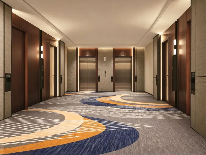 Modern geometric hotel hallway carpet with blue and gold wave patterns
