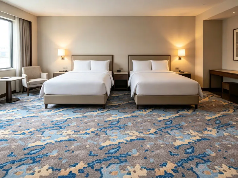Custom blue and gold printed carpet for luxury hotel double rooms