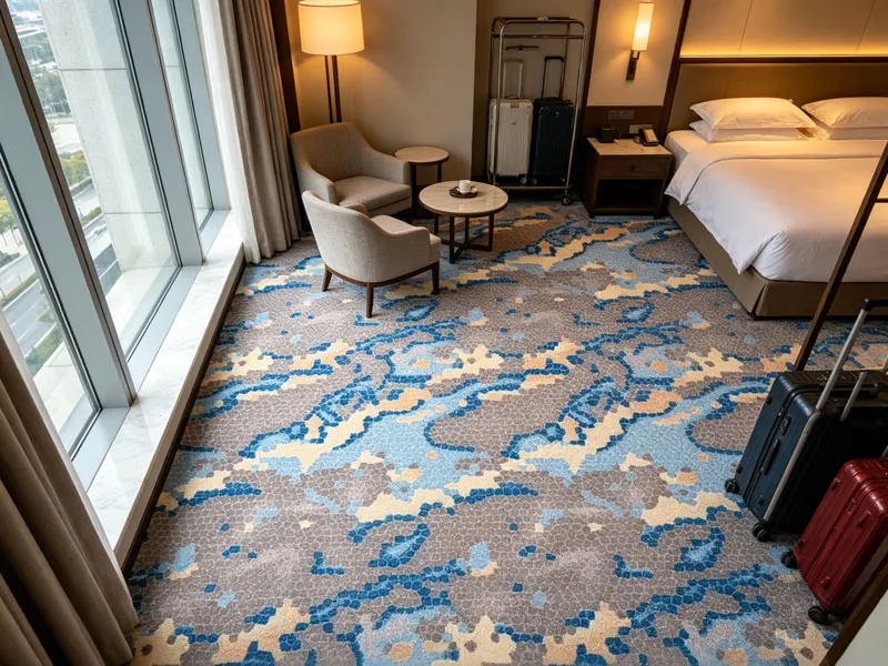 Axminster style printed hotel room carpet with blue and abstract pattern