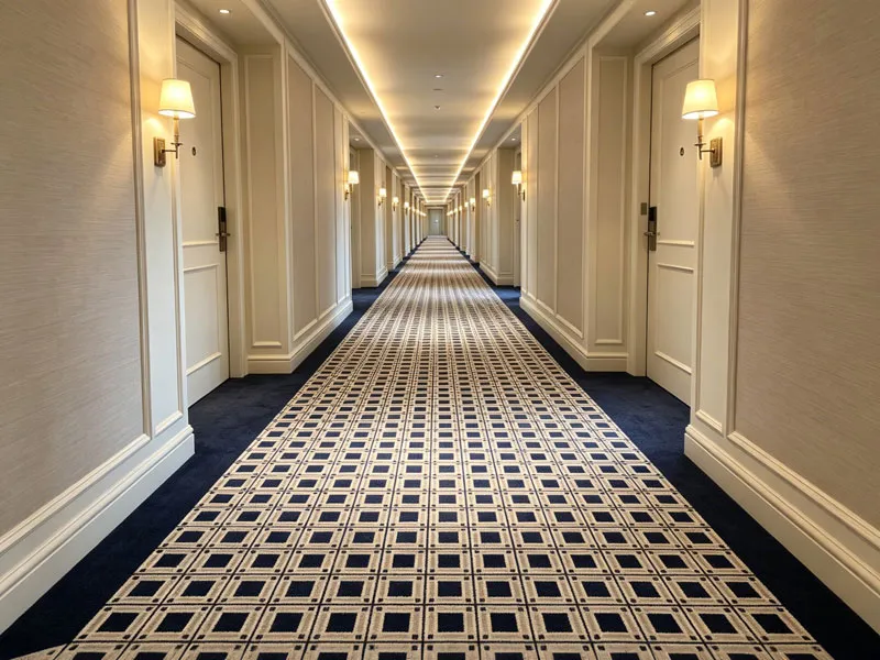Custom geometric corridor carpet in The Londoner Grand hotel.