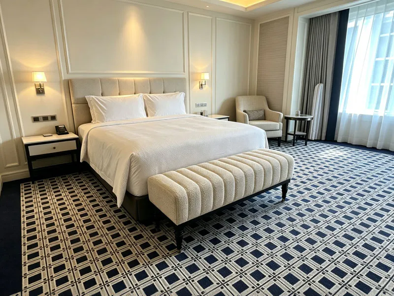 Custom geometric guestroom carpet inside The Londoner Grand luxury hotel.