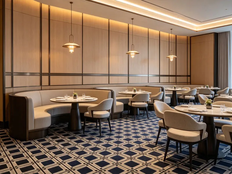 Custom geometric carpet in The Londoner Grand hotel restaurant dining area.