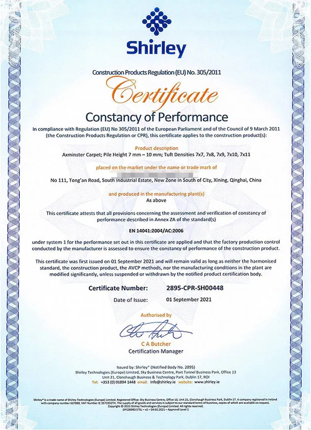 CE Constancy of Performance EN 14041 Certificate for Commercial Hospitality Axminster Carpet