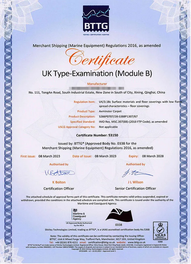 UK Type Examination Module B IMO Fire Rated Certification for Axminster Marine Carpet by BTTG